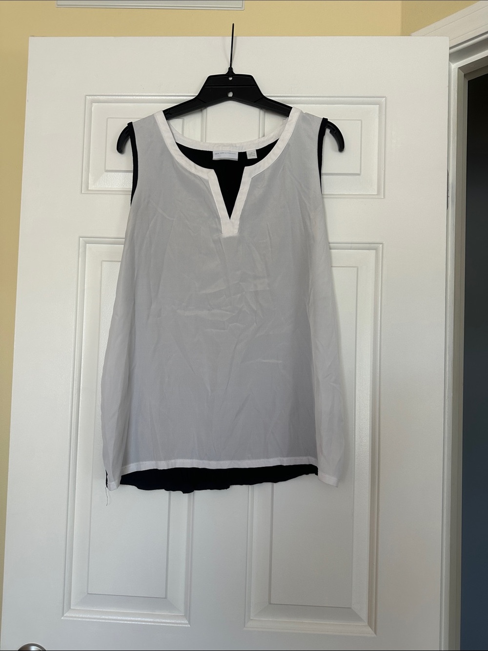 New York & Company White Sleeveless Layered V-Neck Top with Black Trim